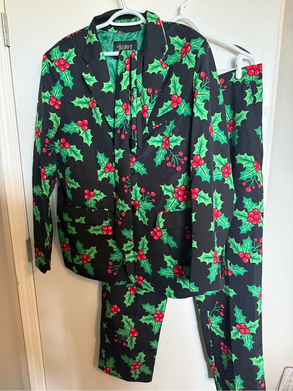 Men's Black Holly Print Suit - Ugly Christmas Suit XL